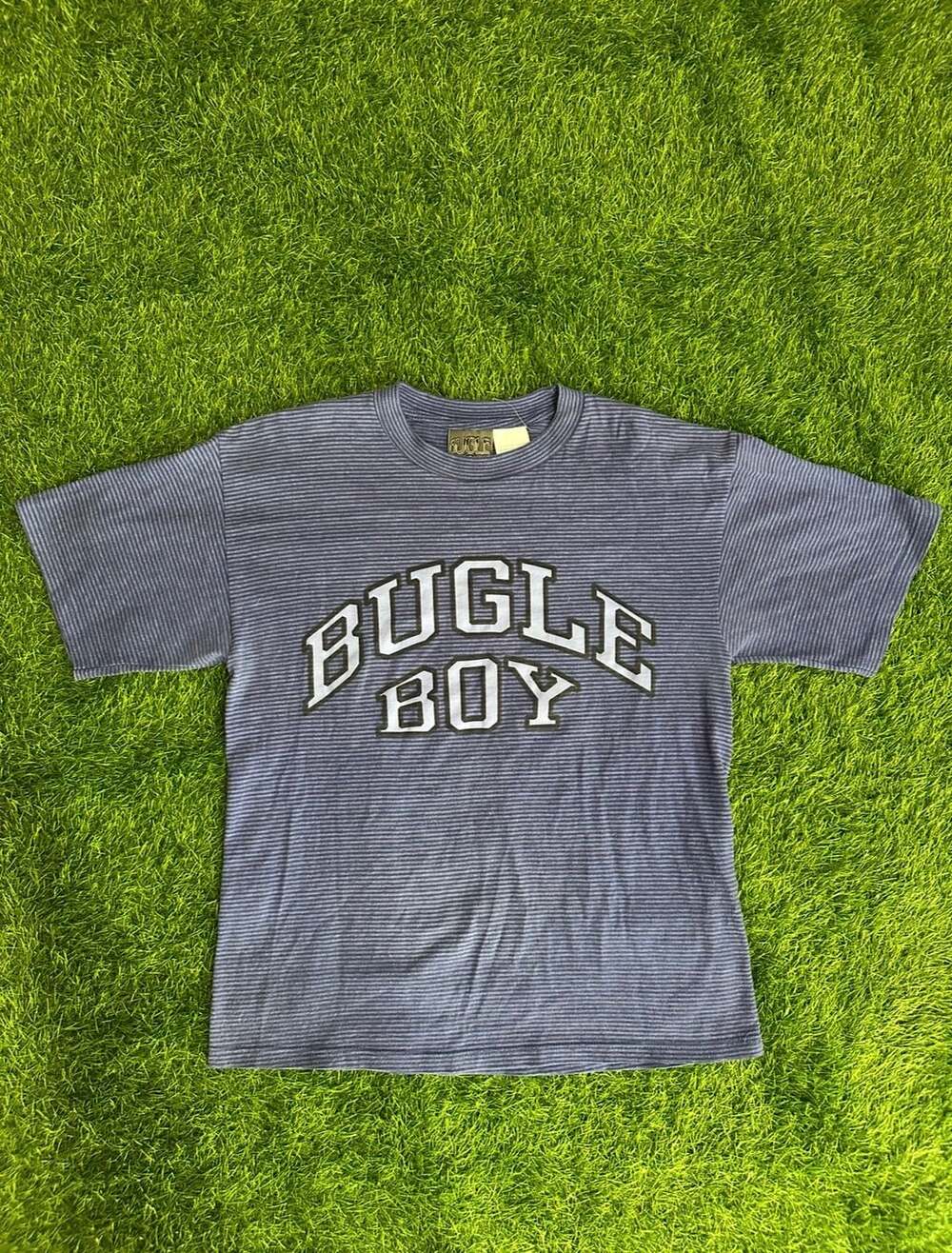 Bugle Boy T-Shirt Size L Blue Striped Logo Graphic